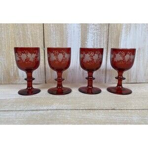 Set Of 4 Bohemian Cranberry Red Etched Grape Leaves Cordial Glasses